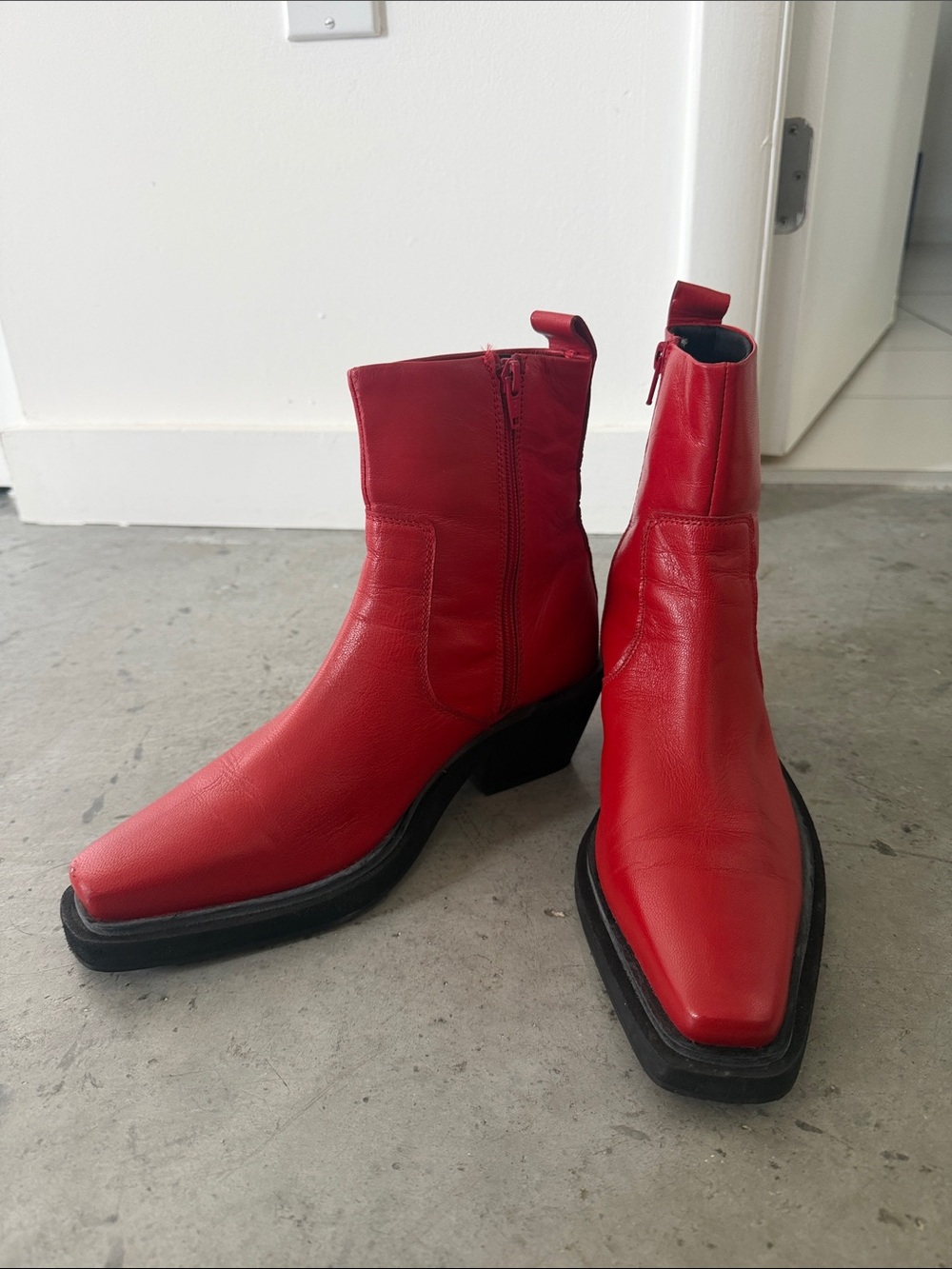 Topshop Red Leather Square-Toe Ankle Boots - Picture 1 of 6